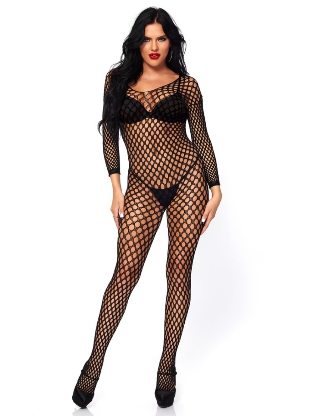 LEG AVENUE Black Seamless Long Sleeve Ring Net Bodystocking (New In Box)
